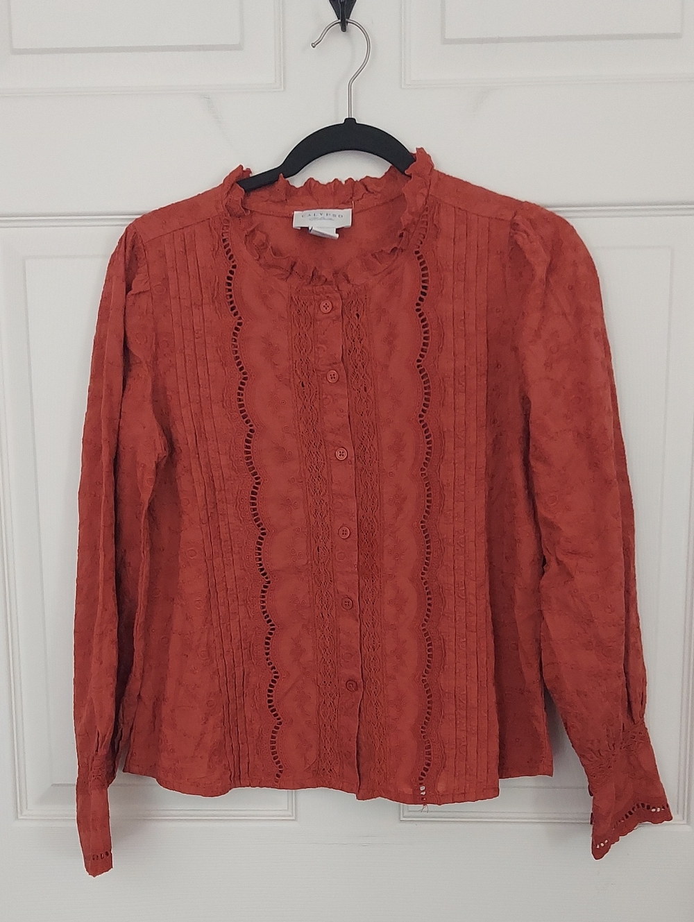 Calypso St. Barth Terracotta Button-Front Lace Trim Blouse Sz. S